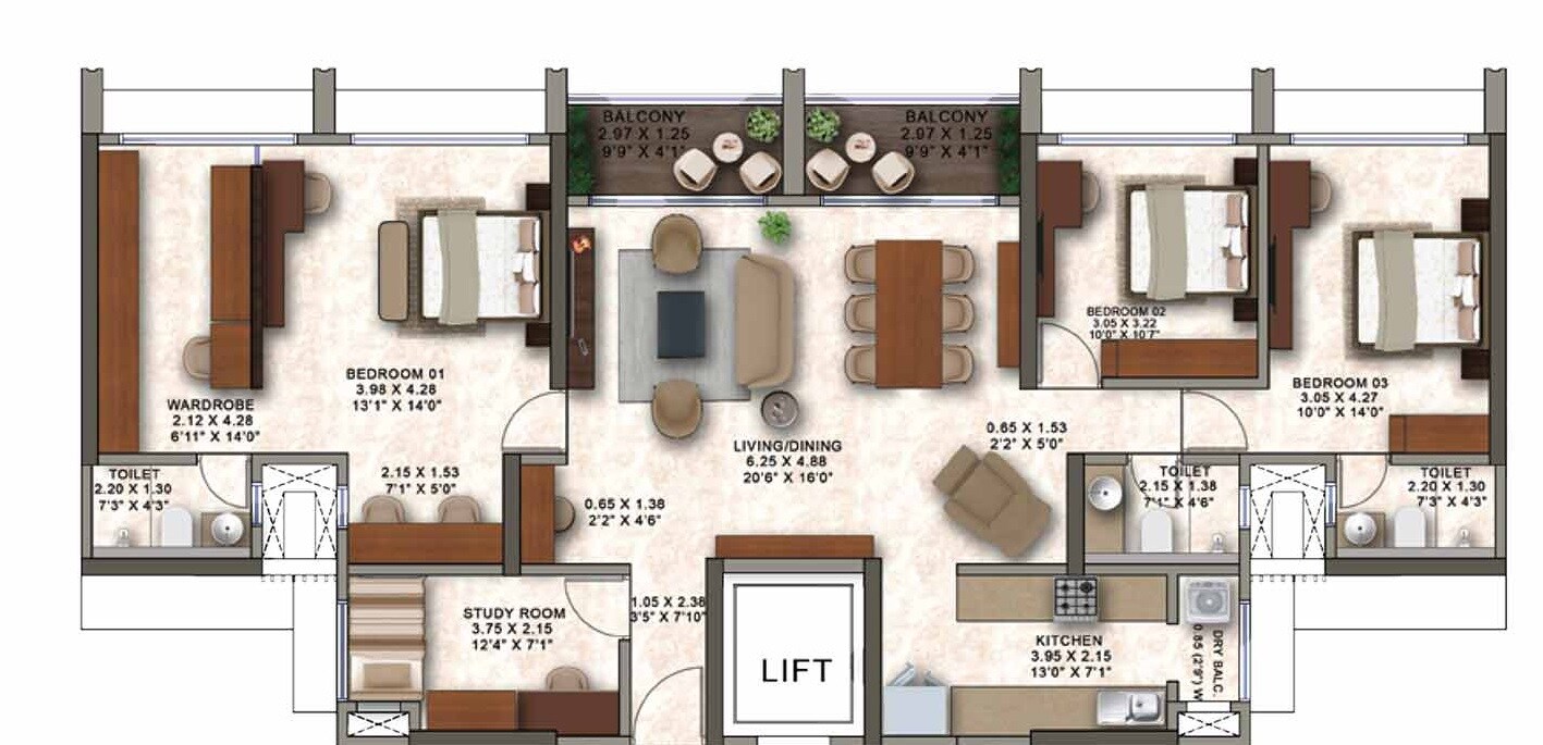 Floor plan of 3 BHK 1158 Sq. Ft. Apartment in Kanakia Codename Future D, Mumbai