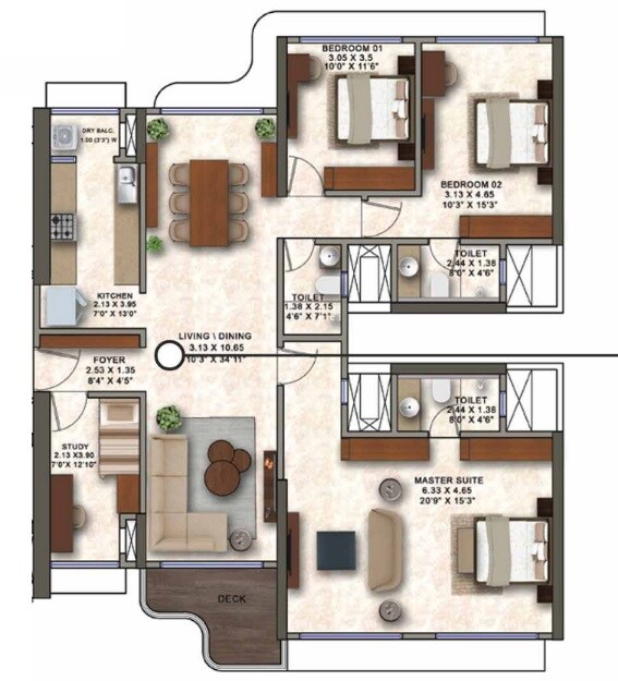 Floor plan of 3 BHK 859 Sq. Ft. Apartment in Kanakia Codename Future D, Mumbai