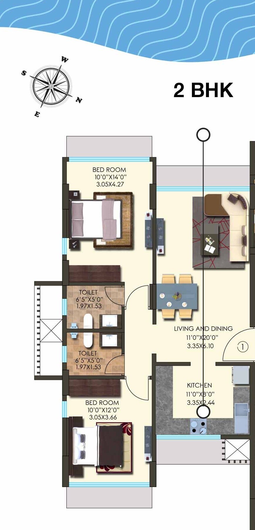 Floor plan of 2 BHK 704 Sq. Ft. Apartment in Kanakia Hollywood, Mumbai
