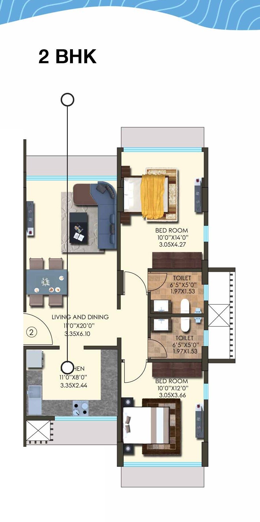 Floor plan of 2 BHK 728 Sq. Ft. Apartment in Kanakia Hollywood, Mumbai