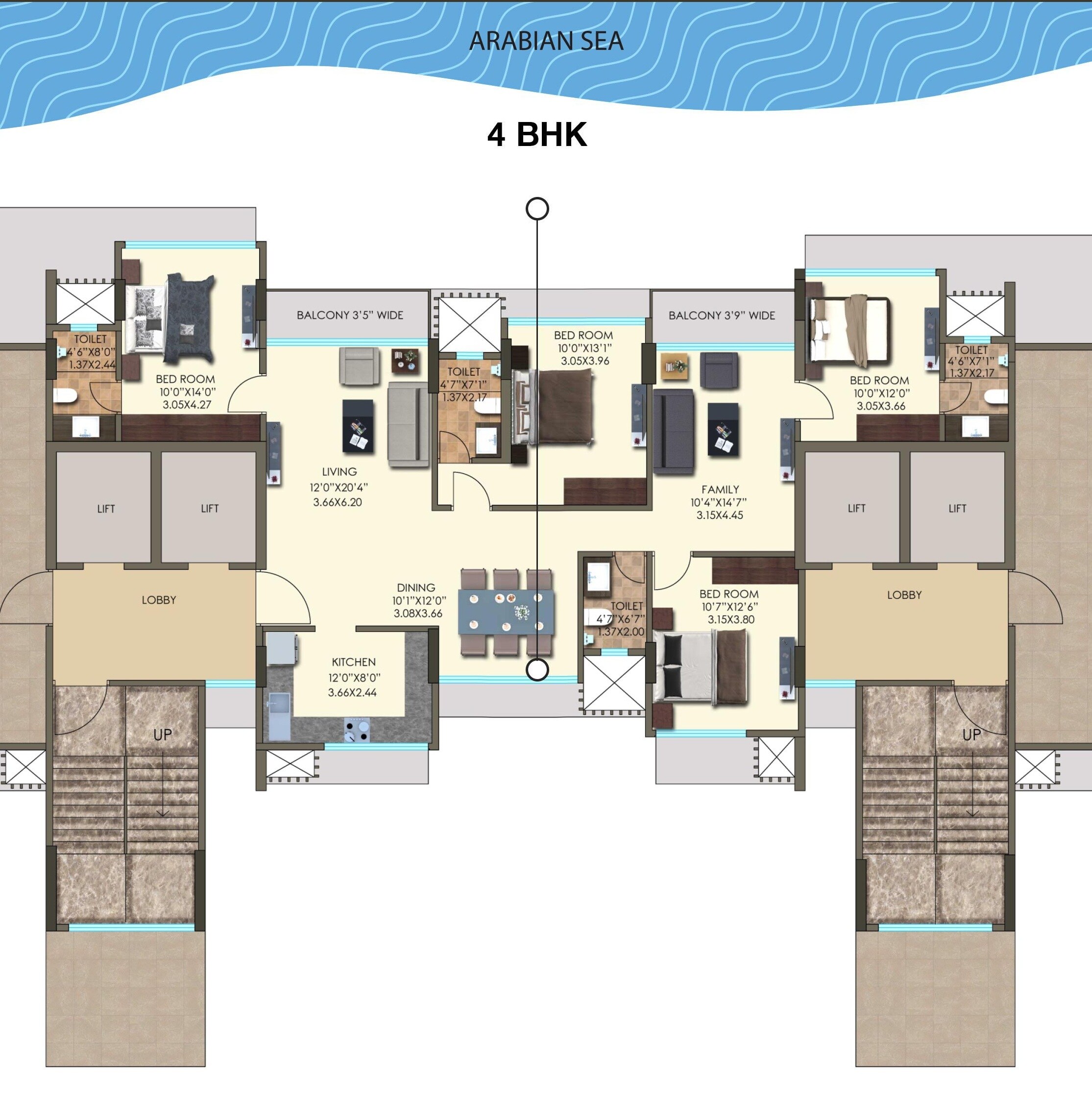 Floor plan of 4 BHK 1368 Sq. Ft. Apartment in Kanakia Hollywood, Mumbai
