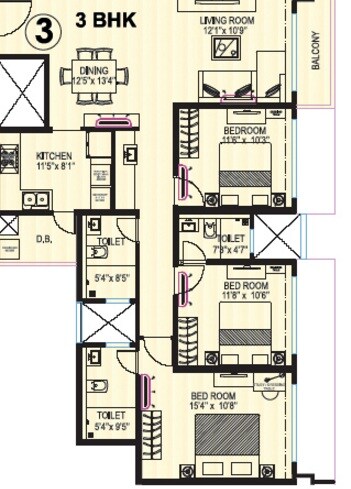 Floor plan of 3 BHK 844 Sq. Ft. Apartment in Kanakia Levels, Mumbai