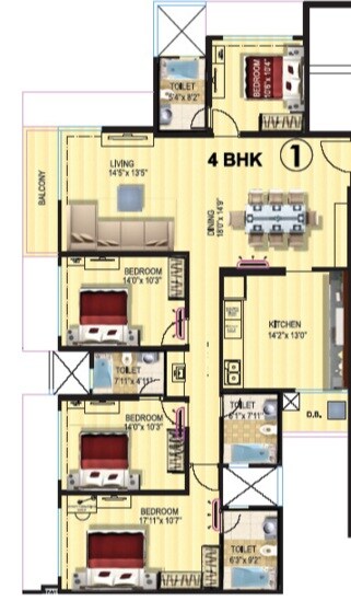Floor plan of 4 BHK 1440 Sq. Ft. Apartment in Kanakia Levels, Mumbai