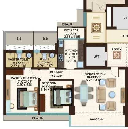 Floor plan of 2 BHK 816 Sq. Ft. Apartment in Kanakia Miami, Mumbai