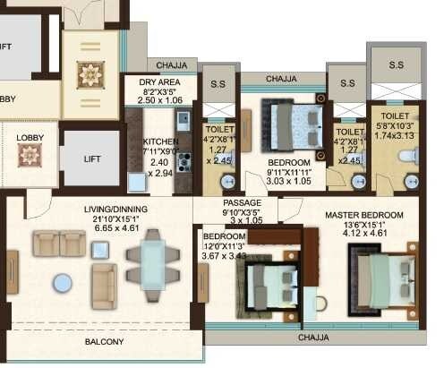 3 BHK 1096 Sq. Ft. Apartment