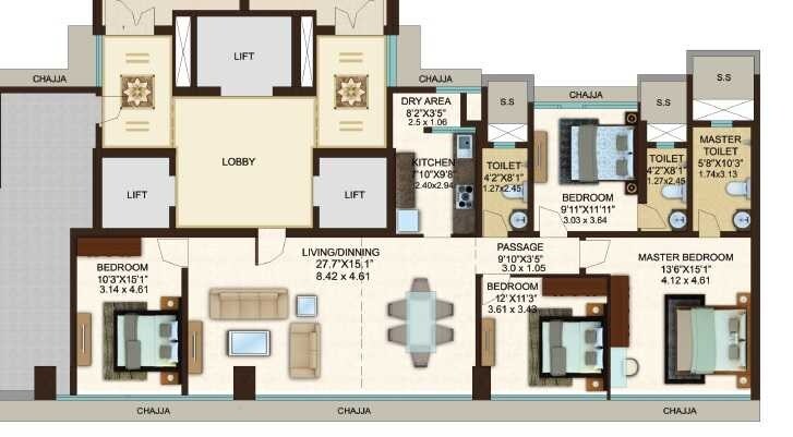 Floor plan of 4 BHK 1363 Sq. Ft. Apartment in Kanakia Miami, Mumbai