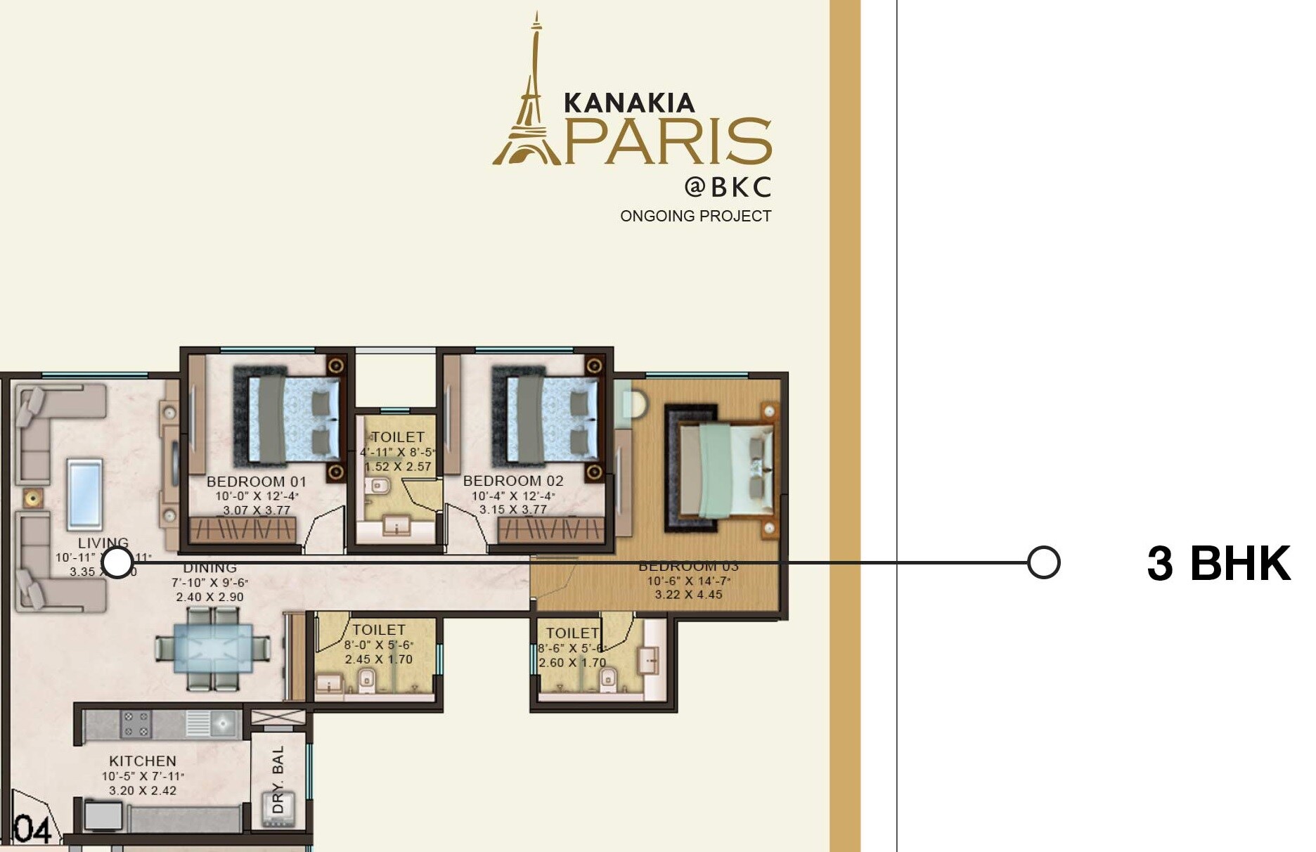 Floor plan of 3 BHK 1175 Sq. Ft. Apartment in Kanakia Paris, Mumbai