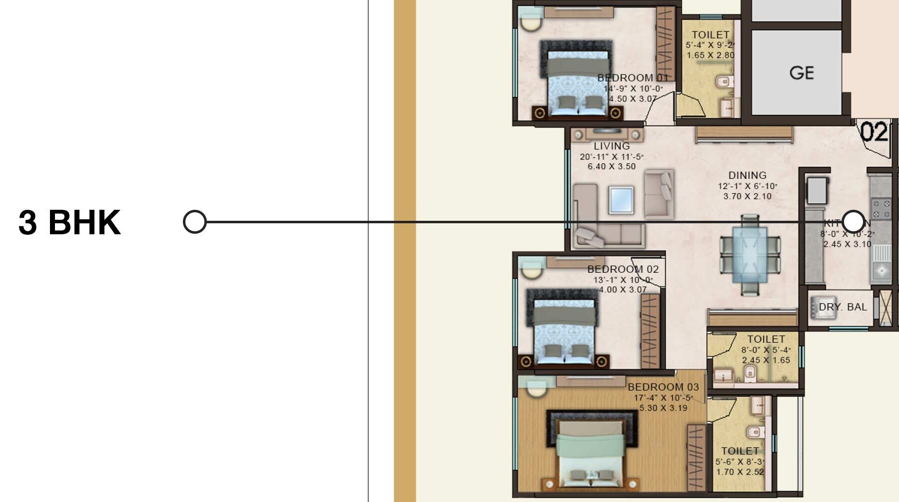 Floor plan of 3 BHK 965 Sq. Ft. Apartment in Kanakia Paris, Mumbai