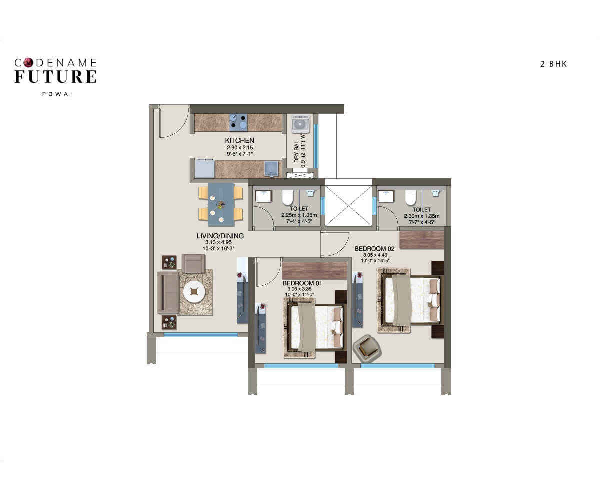 Floor plan of 2 BHK 665 Sq. Ft. Apartment in Kanakia Pixel, Mumbai