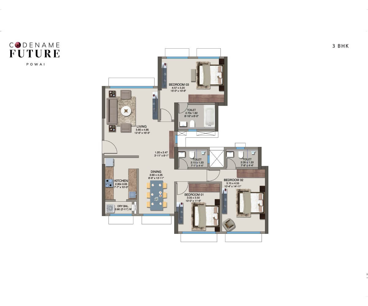 Floor plan of 3 BHK 1105 Sq. Ft. Apartment in Kanakia Pixel, Mumbai
