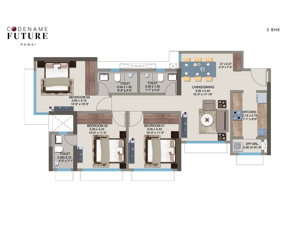 Floor plan of 3 BHK 848 Sq. Ft. Apartment in Kanakia Pixel, Mumbai
