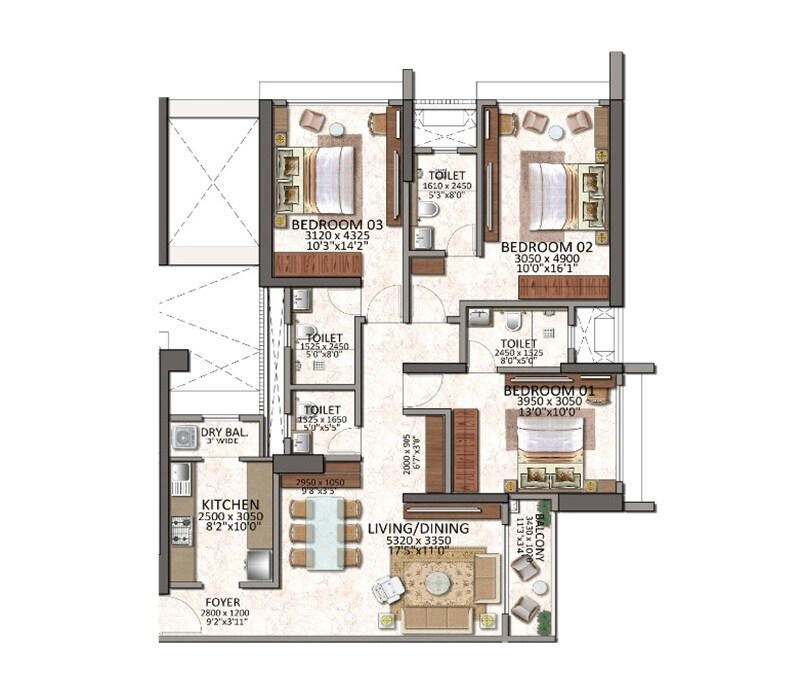 3 BHK 926 Sq. Ft. Apartment