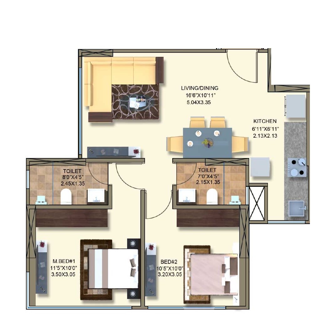 Floor plan of 2 BHK 698 Sq. Ft. Apartment in Kanakia Rainforest, Mumbai