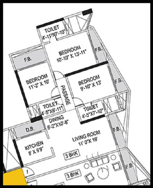 Floor plan of 3 BHK 1205 Sq. Ft. Apartment in Kanakia Samarpan, Mumbai