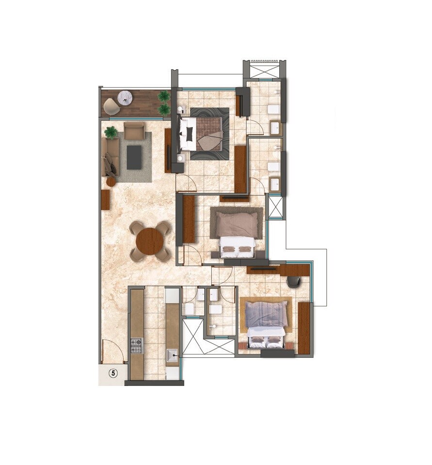 Floor plan of 3 BHK 1128 Sq. Ft. Apartment in Kanakia Silicon Valley, Mumbai