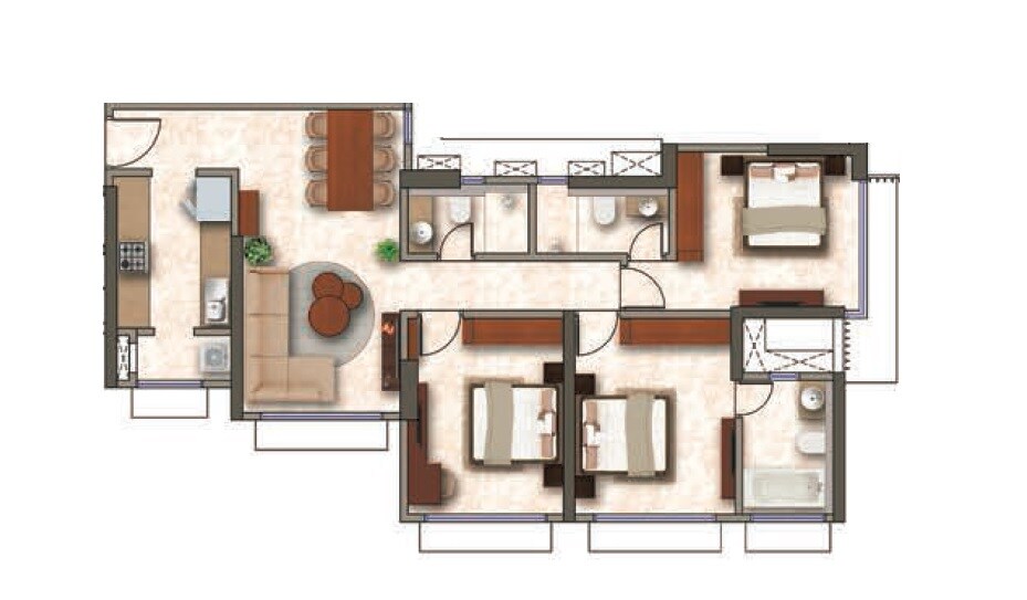 Floor plan of 3 BHK 986 Sq. Ft. Apartment in Kanakia Silicon Valley, Mumbai
