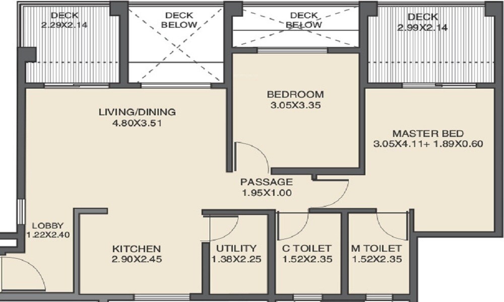 Floor plan of 2 BHK 820 Sq. Ft. Apartment in Kanakia Spaces Country Park, Mumbai