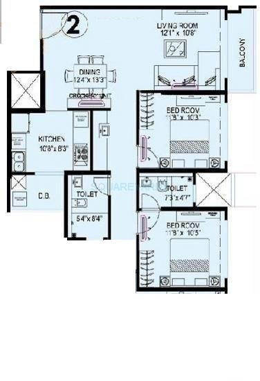 Floor plan of 3 BHK 791 Sq. Ft. Apartment in Kanakia Spaces Levels, Mumbai