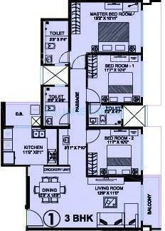 Floor plan of 3 BHK 844 Sq. Ft. Apartment in Kanakia Spaces Levels, Mumbai