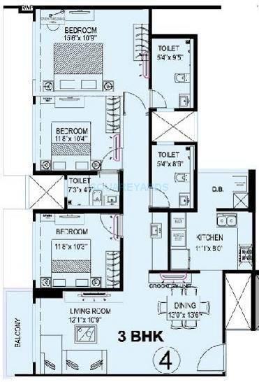Floor plan of 3 BHK 1178 Sq. Ft. Apartment in Kanakia Spaces Levels, Mumbai