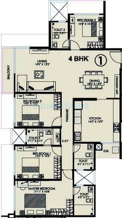 Floor plan of 4 BHK 1440 Sq. Ft. Apartment in Kanakia Spaces Levels, Mumbai