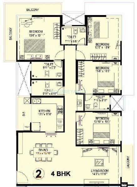 Floor plan of 4 BHK 1627 Sq. Ft. Apartment in Kanakia Spaces Levels, Mumbai