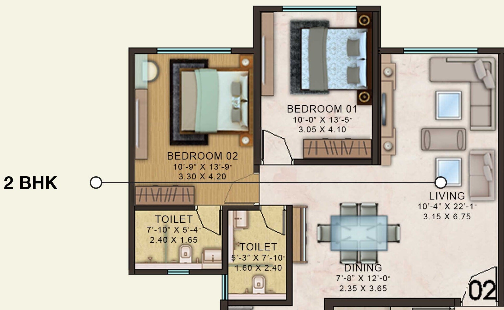 Floor plan of 2 BHK 845 Sq. Ft. Apartment in Kanakia Spaces Paris, Mumbai