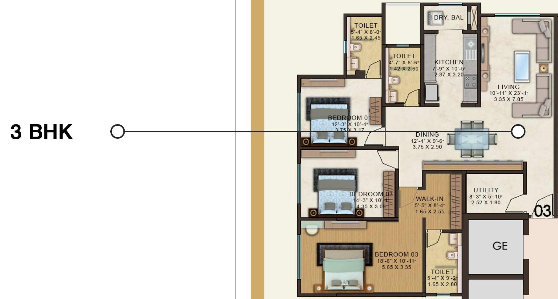 Floor plan of 3 BHK 1034 Sq. Ft. Apartment in Kanakia Spaces Paris, Mumbai