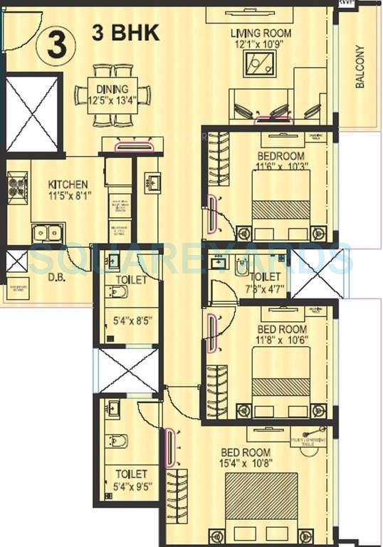 Floor plan of 3 BHK 1055 Sq. Ft. Apartment in Kanakia Spaces Platino, Mumbai