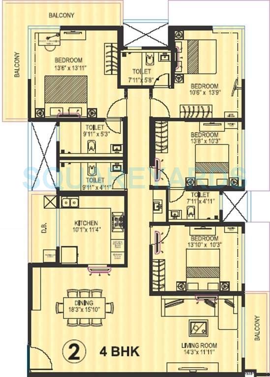 Floor plan of 4 BHK 1906 Sq. Ft. Apartment in Kanakia Spaces Platino, Mumbai