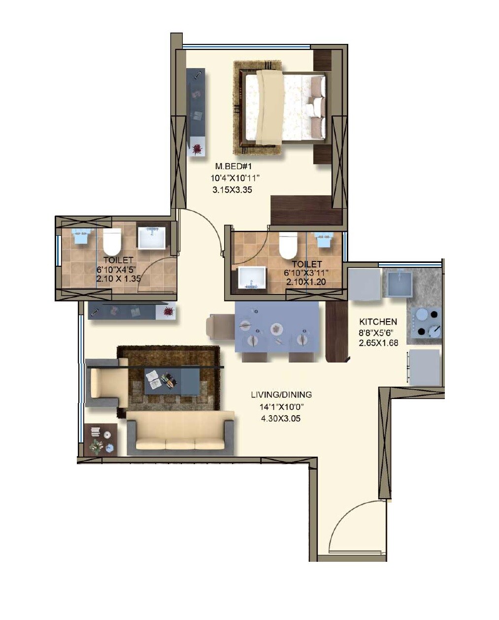 Floor plan of 1 BHK 445 Sq. Ft. Apartment in Kanakia Spaces Rainforest, Mumbai