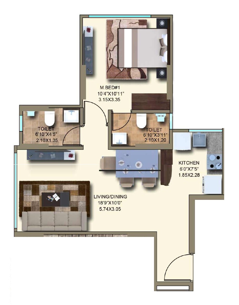 Floor plan of 1 BHK 523 Sq. Ft. Apartment in Kanakia Spaces Rainforest, Mumbai