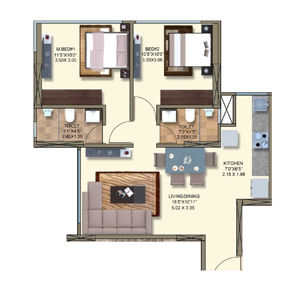Floor plan of 2 BHK 618 Sq. Ft. Apartment in Kanakia Spaces Rainforest, Mumbai