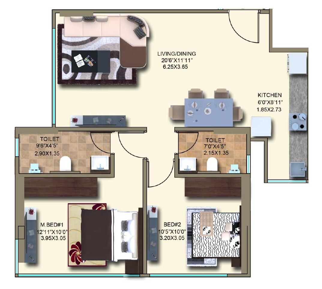 Floor plan of 2 BHK 697 Sq. Ft. Apartment in Kanakia Spaces Rainforest, Mumbai