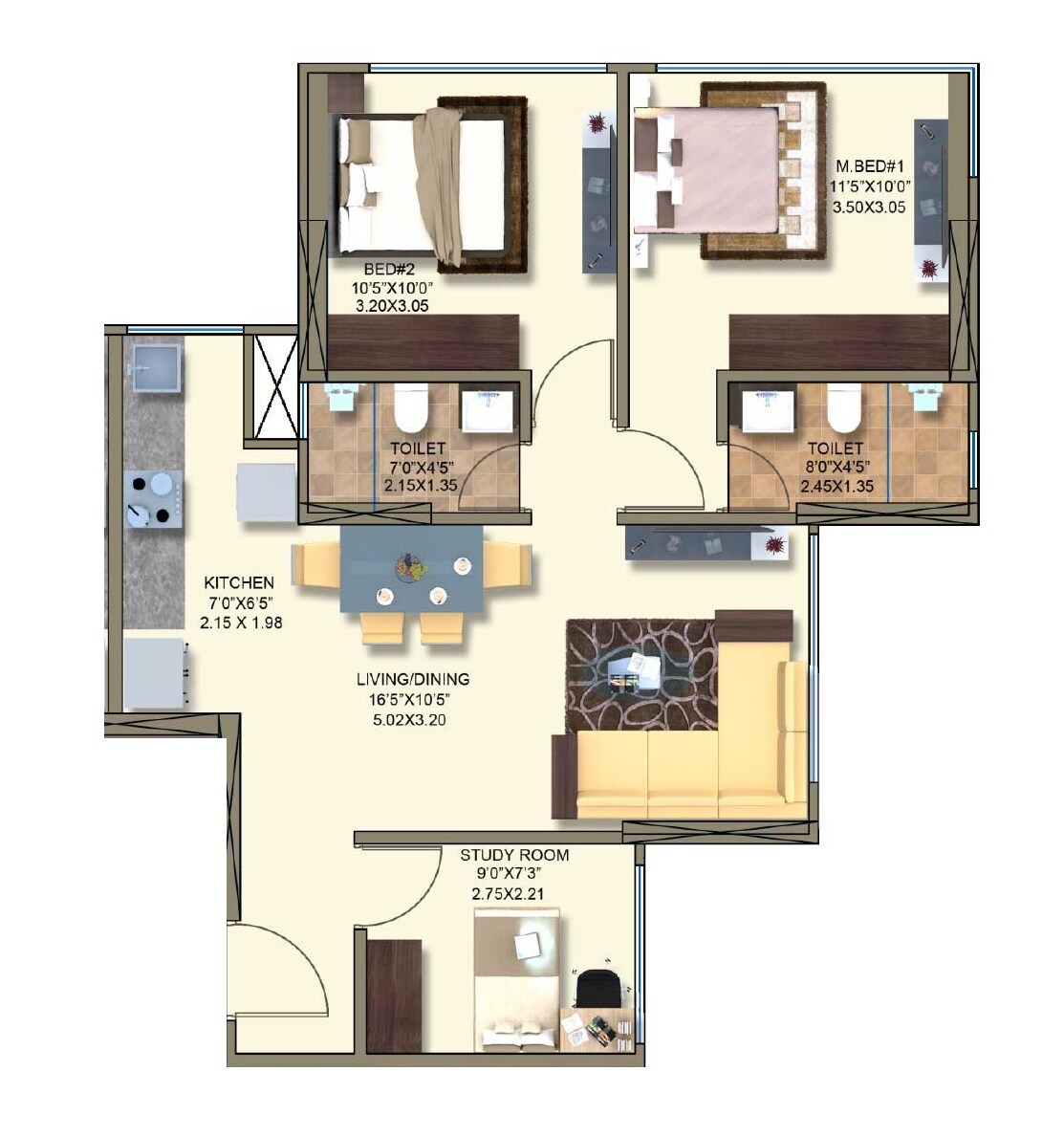 Floor plan of 2 BHK 810 Sq. Ft. Apartment in Kanakia Spaces Rainforest, Mumbai