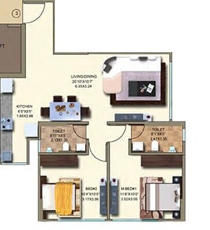 Floor plan of 2 BHK 698 Sq. Ft. Apartment in Kanakia Spaces Rainforest, Mumbai