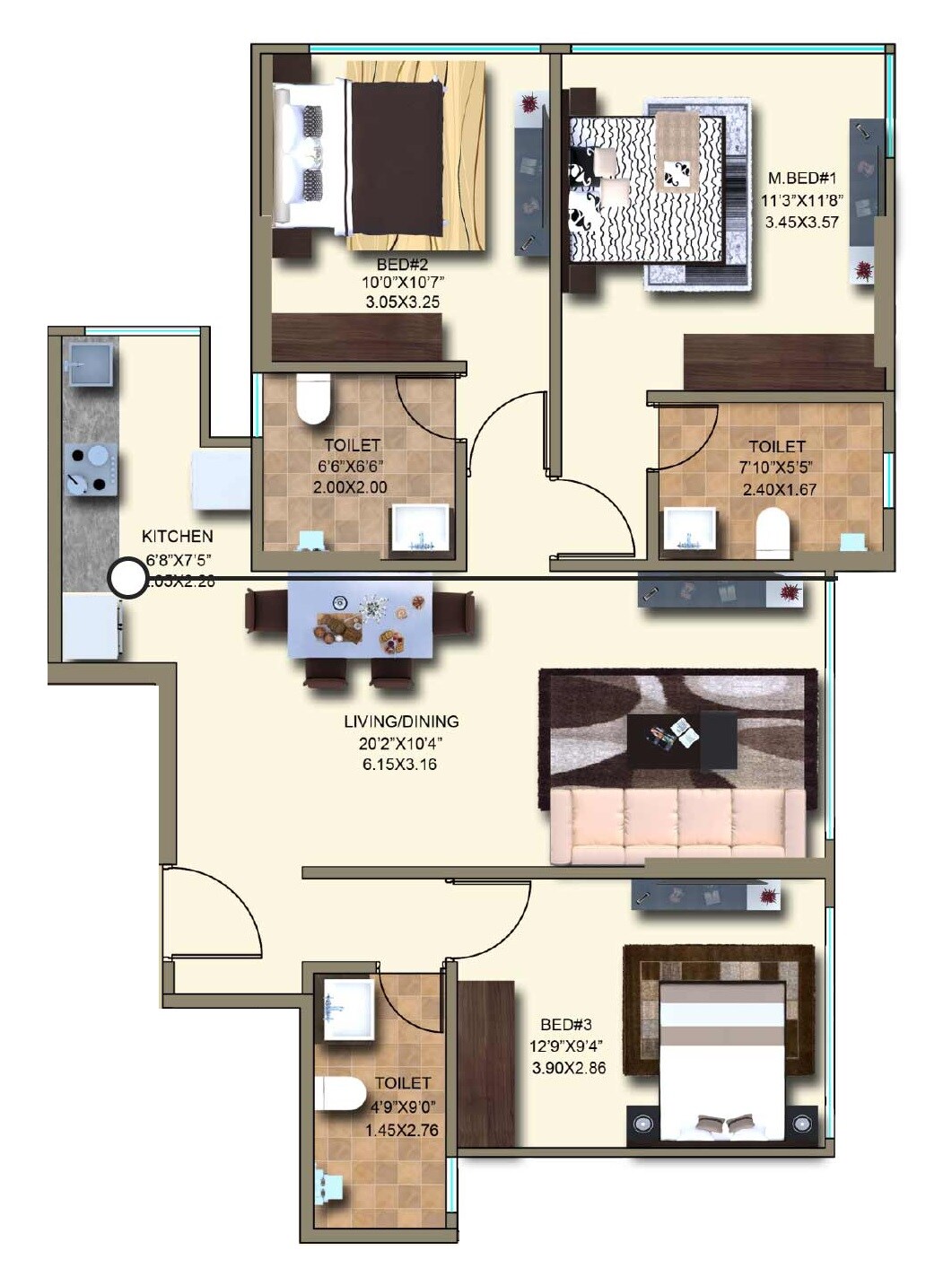 Floor plan of 3 BHK 1052 Sq. Ft. Apartment in Kanakia Spaces Rainforest, Mumbai