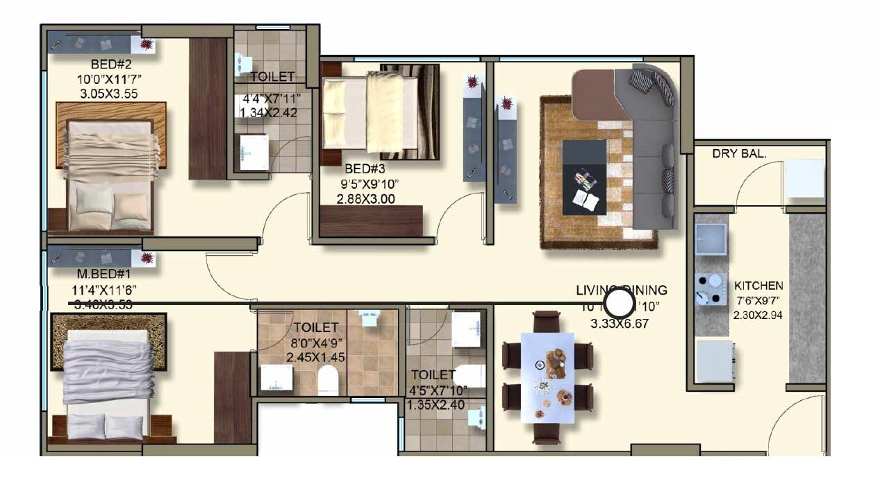 Floor plan of 3 BHK 902 Sq. Ft. Apartment in Kanakia Spaces Rainforest, Mumbai
