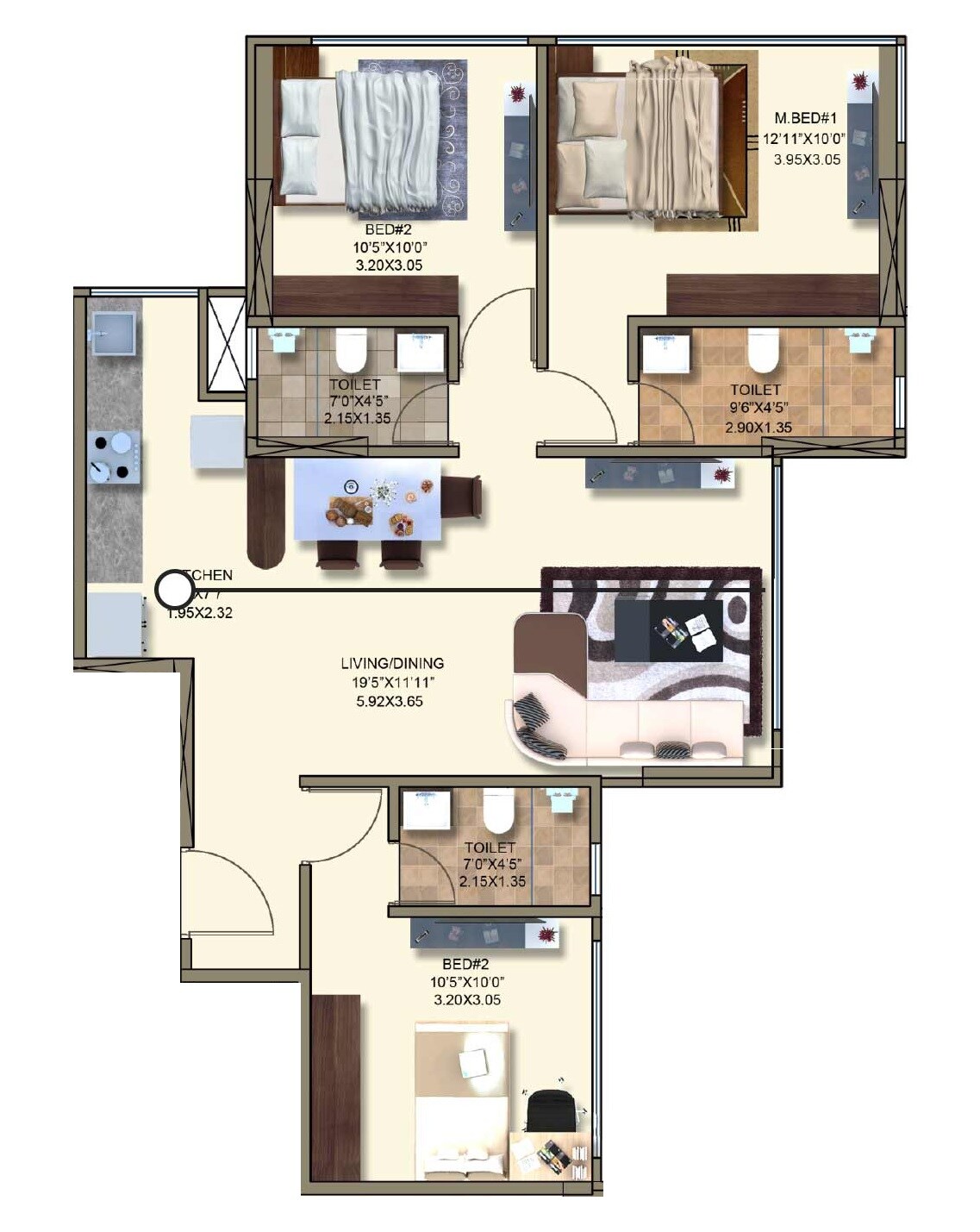 Floor plan of 3 BHK 913 Sq. Ft. Apartment in Kanakia Spaces Rainforest, Mumbai