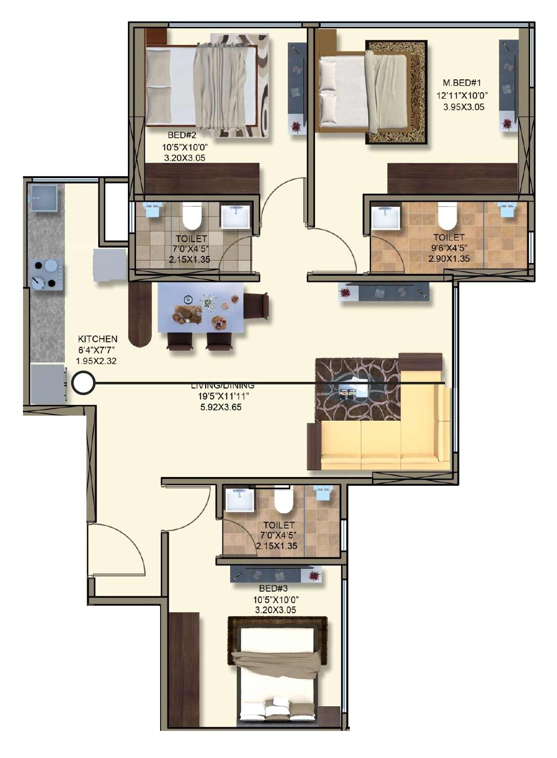 Floor plan of 3 BHK 927 Sq. Ft. Apartment in Kanakia Spaces Rainforest, Mumbai