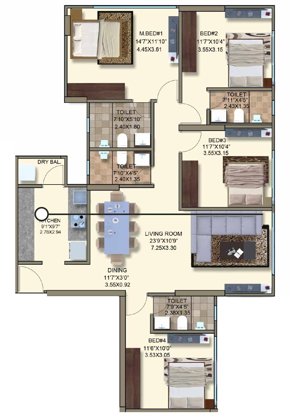Floor plan of 4 BHK 1233 Sq. Ft. Apartment in Kanakia Spaces Rainforest, Mumbai