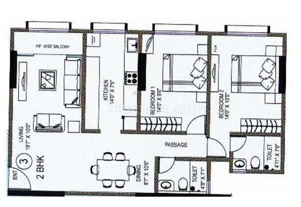 Floor plan of 2 BHK 852 Sq. Ft. Apartment in Kanakia Spaces Sevens, Mumbai