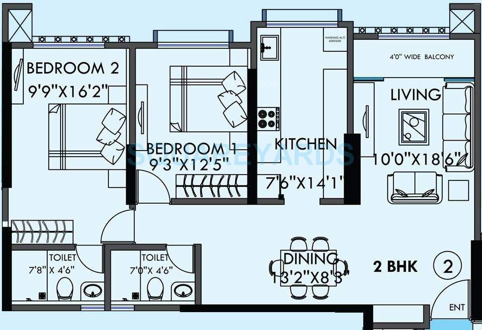 Floor plan of 2 BHK 796 Sq. Ft. Apartment in Kanakia Spaces Sevens, Mumbai