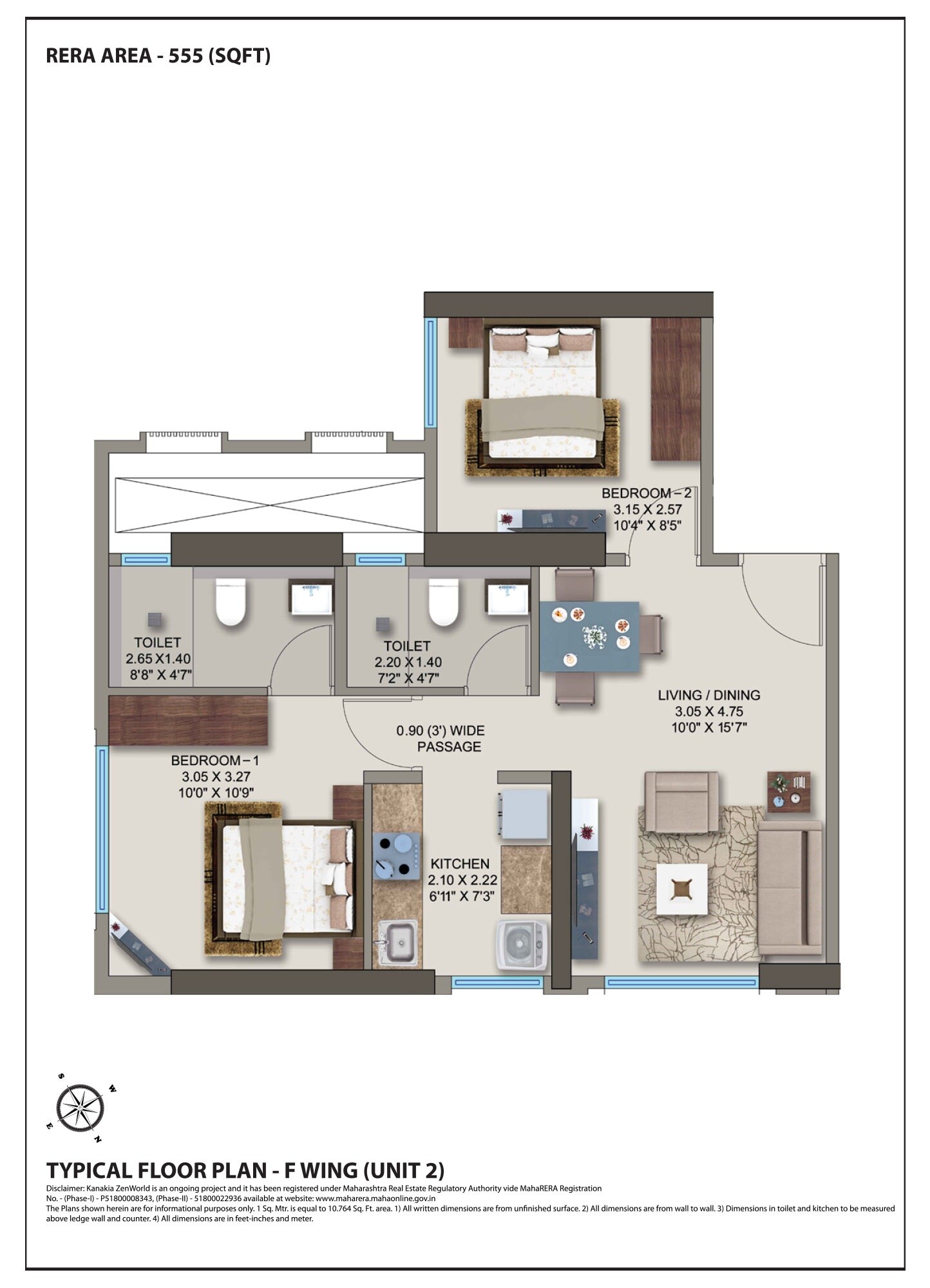Floor plan of 2 BHK 555 Sq. Ft. Apartment in Kanakia Spaces Zen World Phase 2, Mumbai