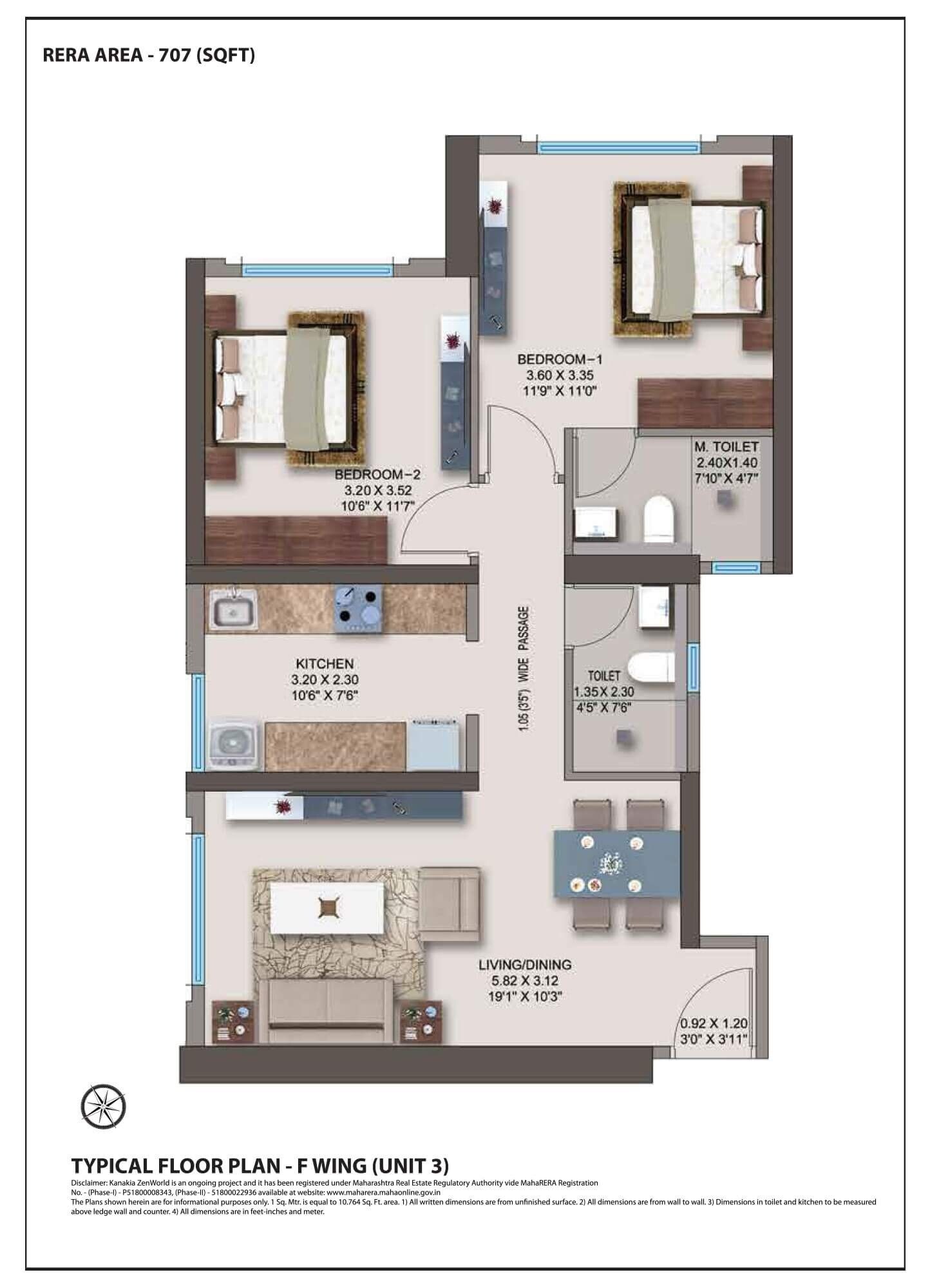 Floor plan of 2 BHK 707 Sq. Ft. Apartment in Kanakia Spaces Zen World Phase 2, Mumbai