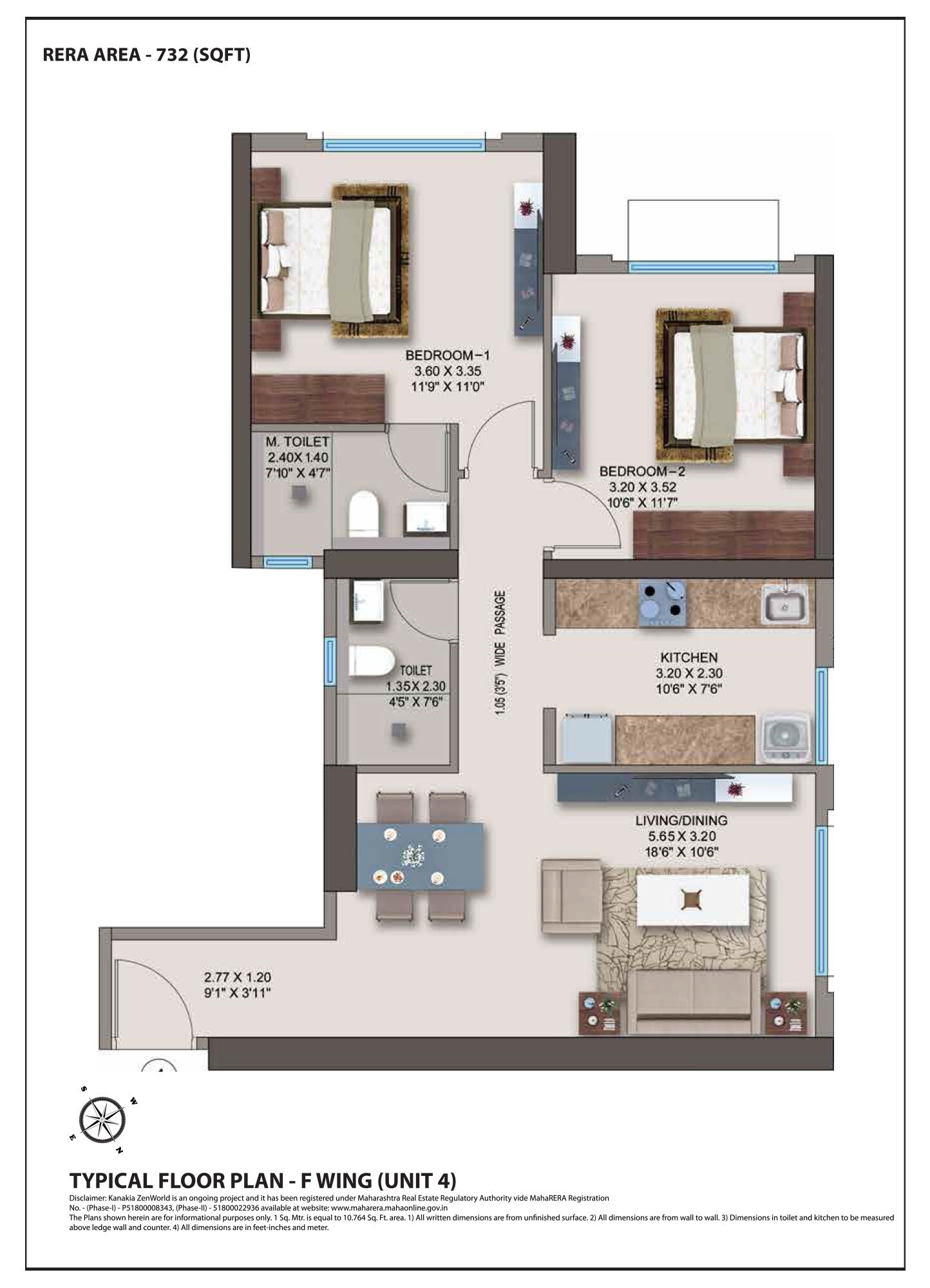 Floor plan of 2 BHK 750 Sq. Ft. Apartment in Kanakia Spaces Zen World Phase 2, Mumbai