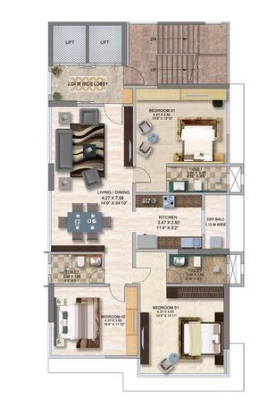 Floor plan of 3 BHK 1378 Sq. Ft. Apartment in Kanakia The Art House, Mumbai