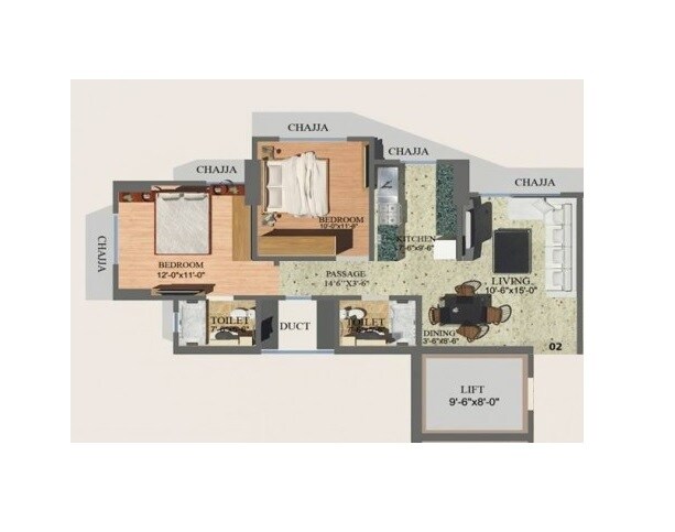 Floor plan of 2 BHK 660 Sq. Ft. Apartment in Karmvir Avant Sky Villa, Mumbai
