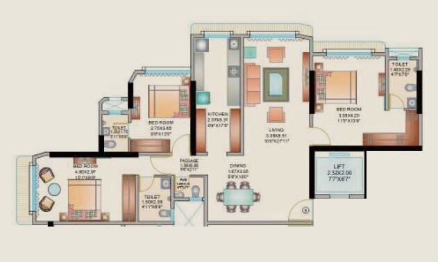 Floor plan of 3 BHK 1082 Sq. Ft. Apartment in Karmvir Saraswati Apartment, Mumbai