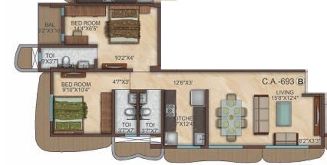 Floor plan of 2 BHK 820 Sq. Ft. Apartment in Karmvir Shubh Mangal, Mumbai
